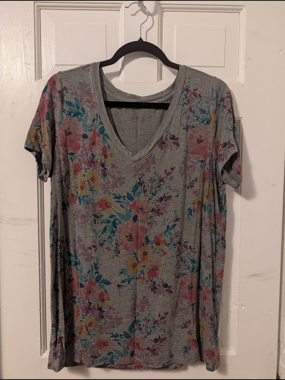 Torrid Gray V-Neck Tee with Pink, Teal & Yellow Floral Print